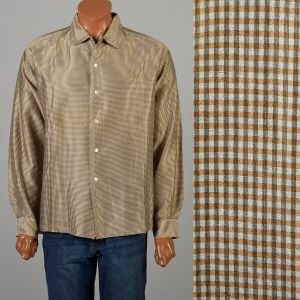 XXL 1950s Rockabilly Loop Collar Shirt Silk Blend Plaid Check Square Bottom