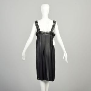 L-XL 1970s Black Nightgown Lace Trim Lightweight Silky Nylon Sheer Sleeveless Babydoll Deadstock  - Fashionconservatory.com