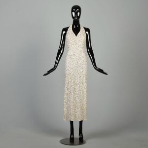 XS/Small 1990s Gown Dress Gold Bead Sequin Formal Dress Halter Maxi Slit Sexy Cream Off-White 