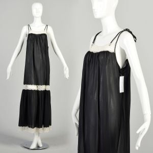 M-L 1970s Sheer Black Nightgown White Lace Trim Strappy Tie Lingerie Lightweight Maxi Loungwear