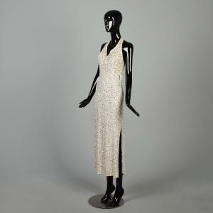 XS/Small 1990s Gown Dress Gold Bead Sequin Formal Dress Halter Maxi Slit Sexy Cream Off-White  - Fashionconservatory.com