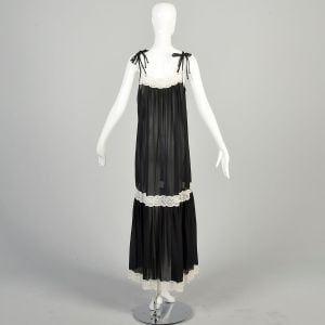 M-L 1970s Sheer Black Nightgown White Lace Trim Strappy Tie Lingerie Lightweight Maxi Loungwear - Fashionconservatory.com