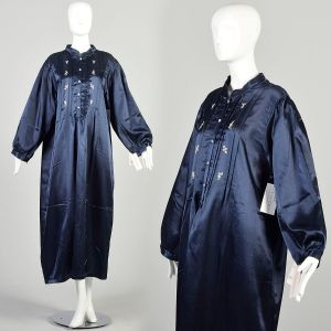 L-2XL 2000s Navy Blue Nightgown Flower Embroidered Pintuck Long Sleeve Winter Silky Satin Deadstock 
