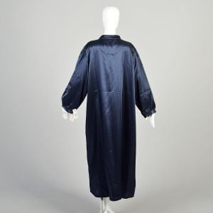 L-2XL 2000s Navy Blue Nightgown Flower Embroidered Pintuck Long Sleeve Winter Silky Satin Deadstock  - Fashionconservatory.com
