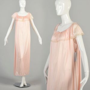 L-XL 1980s Light Pink Nightgown Silky Nylon Lace Trim Short Sleeve Vanity Fair Lingerie Loungewear 