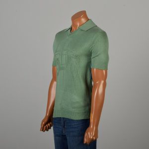 Small 1960s Green Novelty Knit Polo Tin Lizzie Car Design Short Sleeved Lightweight