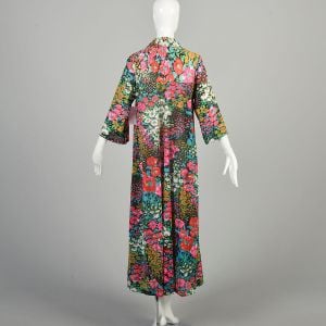 M-L 1970s Multicolor Floral Robe Silky Zip Front 3/4 Sleeve Maxi Robe Housecoat Loungewear Deadstock - Fashionconservatory.com