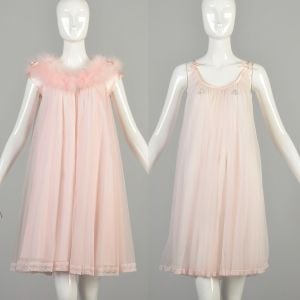  Small 1960s Lucy Ann Lingerie Set Nightgown Peignoir Layered Chiffon Marabou Feather Trim Boudoir