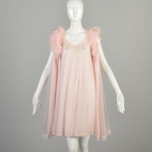  Small 1960s Lucy Ann Lingerie Set Nightgown Peignoir Layered Chiffon Marabou Feather Trim Boudoir - Fashionconservatory.com