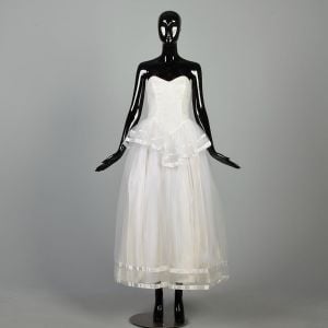 XS/Small 1980s Sweetheart Dress Prom Wedding Strapless Gown Tea Length Dress Formal Peplum Dress