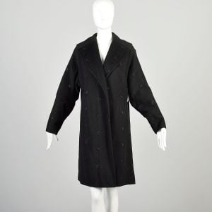 L-XL 1950s Black Wool Swing Coat Open Front Tie Back Large Shawl Collar Embroidered Winter Overcoat 
