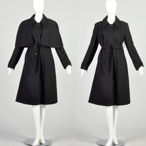 XL-XXL 1970s Black Wool Coat Removable Shoulder Cape Inverness Trench Waist Tie Heavy Winter Coat 