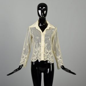 S | Boho Hippie Sheer Lace 1970s Top Blouse by Mary Martin