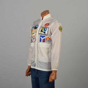 Small 1970s White Nylon Patch Windbreaker Jacket Travel Patches Custom Handmade  - Fashionconservatory.com