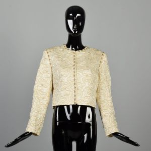 S/M | Quilted Embroidered Beaded 1980s Silk Bolero Jacket w/Pearls By Magali