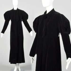  XS 1940s Black Velvet Opera Coat Juliet Sleeve Pussybow Maxi