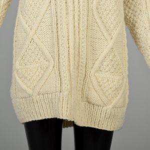 M | 1970s Hooded Cream Cable Knit Fisherman's Sweater Coat Jacket Cardigan by Sisandina - Fashionconservatory.com