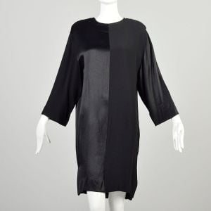 L-XL 1980s Black Dress Two-Tone Shiny Matte Satin Loose Color Block Evening Cocktail LBD
