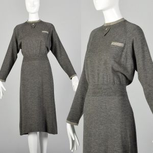 Medium 1950s Knit Dress Modest Gray Contrasting Trim 