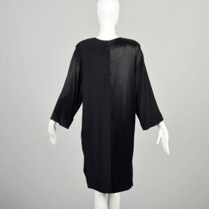 L-XL 1980s Black Dress Two-Tone Shiny Matte Satin Loose Color Block Evening Cocktail LBD - Fashionconservatory.com
