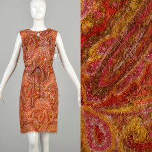 Small 1960s Orange Paisley Dress Fuzzy Texture Mini Dress Keyhole Bust Sleeveless Mod Shift Dress