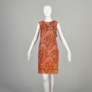 Small 1960s Orange Paisley Dress Fuzzy Texture Mini Dress Keyhole Bust Sleeveless Mod Shift Dress - Fashionconservatory.com