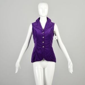 S-M 1970s Royal Purple Velvet Vest Fitted Collared Button Front Glam Mod Rocker Tailored Suit Vest 