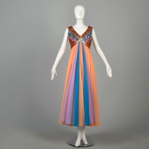 M | Sleeveless 1970s Rainbow Sherbet Sequined Prom Formal Evening Dress by Mike Benet