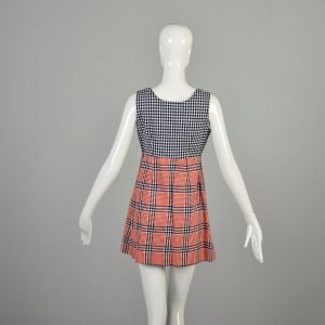 Small 1970s Red Blue Houndstooth Dress Layering Jumper Empire Waist Buckle Waist Tweed Wrap Mini  - Fashionconservatory.com
