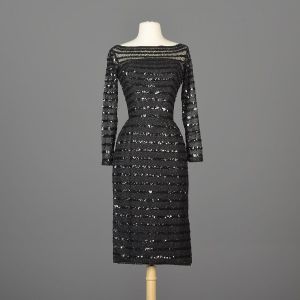 XXS 1960s Ceil Chapman Pencil Dress Tight Black Long Sleeve Sequin Stripes Cocktail Party