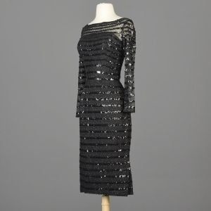 XXS 1960s Ceil Chapman Pencil Dress Tight Black Long Sleeve Sequin Stripes Cocktail Party - Fashionconservatory.com