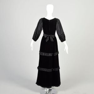 Small 1980s Black Velvet Gown Tiered Ruffle 3/4 Puff Sleeve V-Neck Corset Bodice Evening Dress  - Fashionconservatory.com
