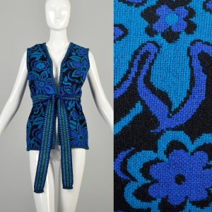 Small 1970s Blue Floral Vest Woven Tapestry Open Front Waist Tie Hippie Boho Casual Vest 
