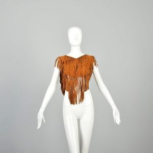 ANY SIZE 1970s Tan Leather Crop Top Mini Poncho Fringe Suede Hippie Boho Festival Pullover 