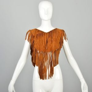 ANY SIZE 1970s Tan Leather Crop Top Mini Poncho Fringe Suede Hippie Boho Festival Pullover  - Fashionconservatory.com
