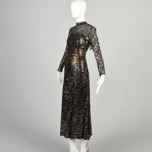 Small 1970s Long Black Sequin Dress Long Sleeved Mock Neck - Fashionconservatory.com