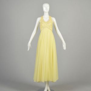 XS 1970s Mike Benet Yellow Sequin SleevelesGown Empire Waist Flowy Chiffon Formal Evening Maxi Dress - Fashionconservatory.com