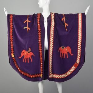 OSFM 1970s Purple Cape Coat Velvet Cotton Novelty Elephant Floral Folk Art Appliques