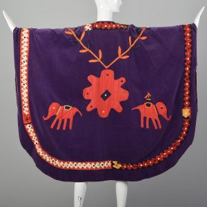 OSFM 1970s Purple Cape Coat Velvet Cotton Novelty Elephant Floral Folk Art Appliques - Fashionconservatory.com