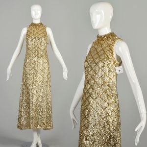 XXS-XS 1960s Gold Silver Metallic Tone Dress Sequin Beaded High Collar Sleeveless Shift Maxi