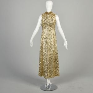 XXS-XS 1960s Gold Silver Metallic Tone Dress Sequin Beaded High Collar Sleeveless Shift Maxi - Fashionconservatory.com