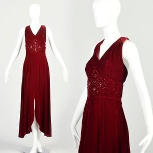 Large 1970s Red Velvet Dress Sleeveless V-Neck Beaded Waistband Front High Thigh Slit Evening Maxi 