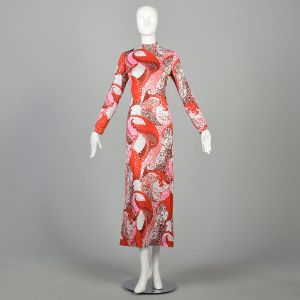 Small 1970s Red Pink Swirl Dress Sequin Sparkle Psychedelic Long Sleeve Bodycon Anne Fogarty 