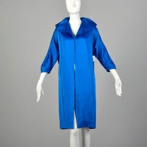 Small 1950s Clutch Coat Blue Satin Bracelet Cuffs Batwing Sleeves Wide Collar