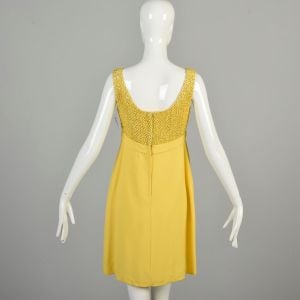 Medium 1960s Yellow Dress Sleeveless Textured Silver Fleck Empire Waist Bodice Bow Waist Mini  - Fashionconservatory.com