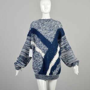 L-XL 1980s Blue White Knit Sweater Oversized Cozy Soft Long Sleeve Dropped Shoulder Pullover 