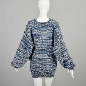 L-XL 1980s Blue White Knit Sweater Oversized Cozy Soft Long Sleeve Dropped Shoulder Pullover  - Fashionconservatory.com