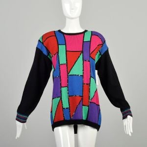 L-XL 1980s Geometric Colorblock Sweater Black Sequin Accent Knit Pullover Joyce DEADSTOCK 