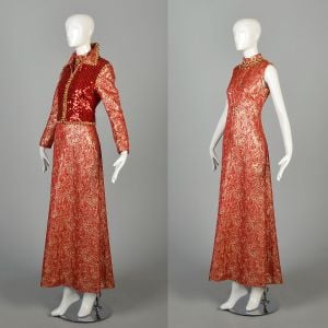 Medium 1970s Designer Red and Gold Brocade Formal Holiday Party Dress with Sequin Jacket   - Fashionconservatory.com