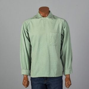 Medium 1950s Mint Green Corduroy Shirt Long Sleeve Neck Button Detail